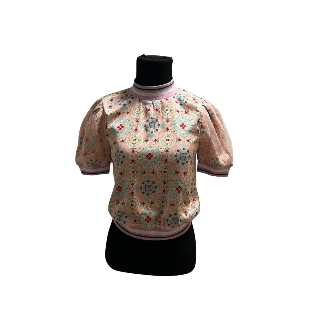 Lyn Around Pink Puff Sleeve Women's Blouse Crop Top Shirt Size XS